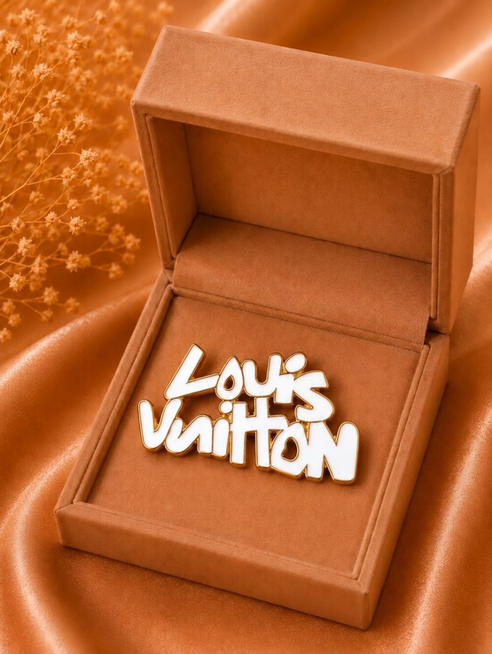 LV White and Gold Logo Pin